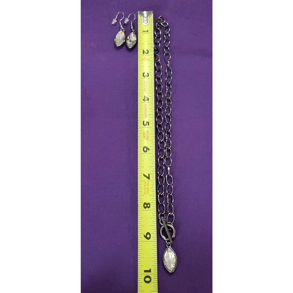 Sparkly Clear Rhinestone Crystal Necklace & Earrings Set Front Toggle Gunmetal - Picture 6 of 8